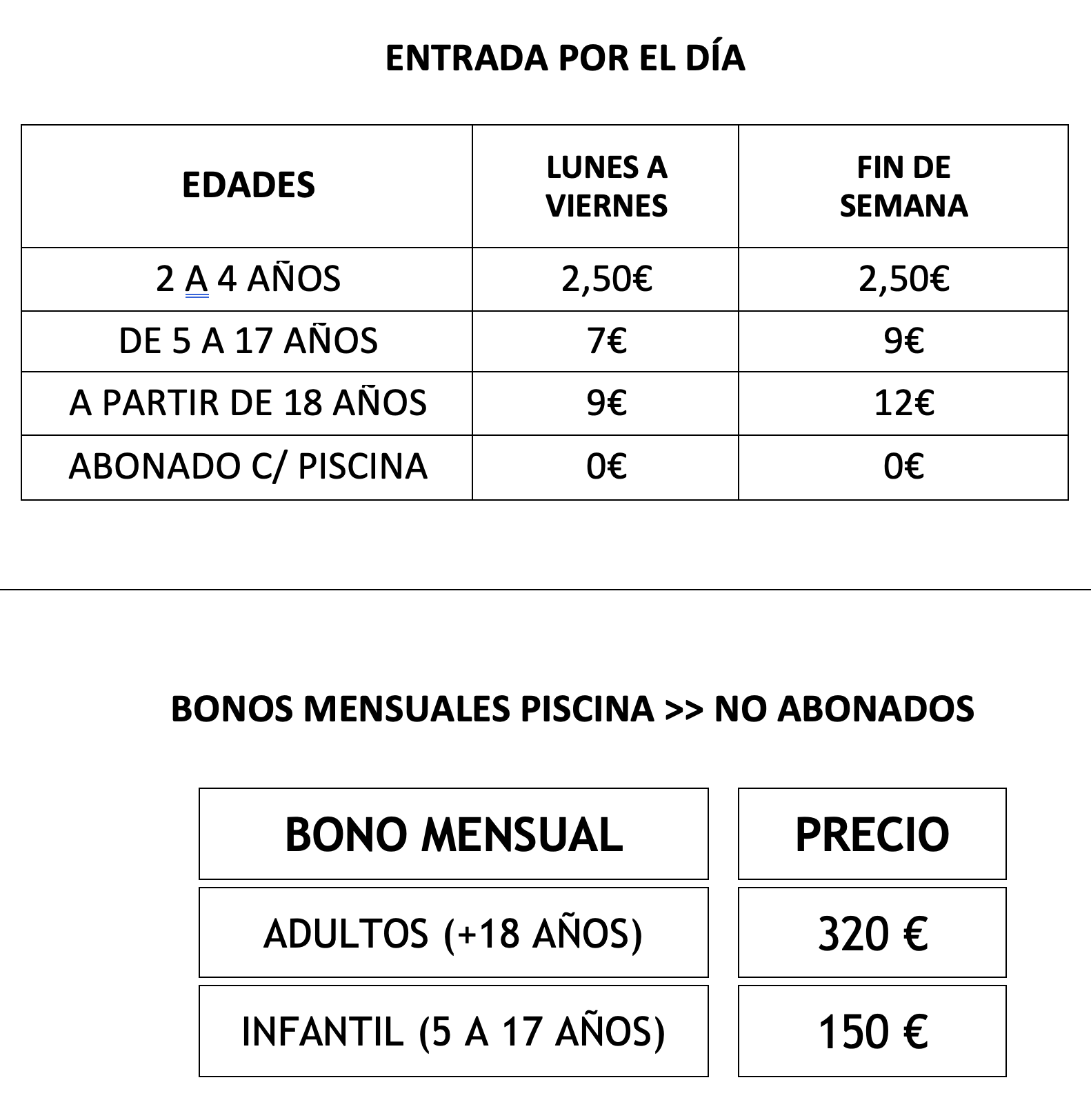 Tarifas piscina 2026-
